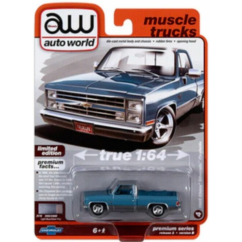 AW64402B-4 - 1/64 1985 CHEVY SILVERADO PICKUP TRUCK (LOWERED VERSION) LIGHT  BLUE POLY WITH SILVER LOWER SIDES AND ROOF