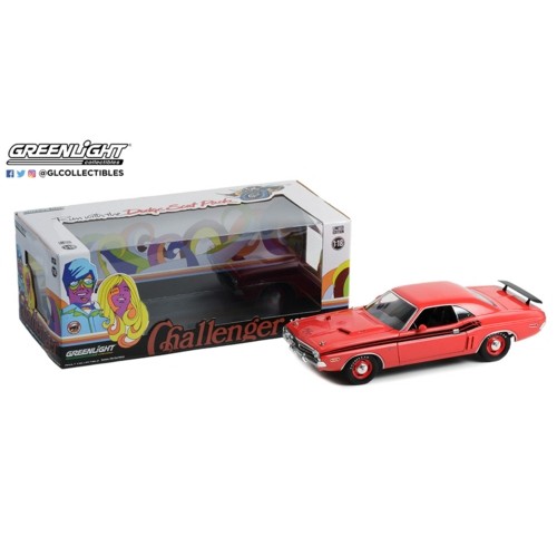 GL13631 - 1/18 1971 DODGE CHALLENGER R/T BRIGHT RED WITH BLACK STRIPES AND DOG DISH WHEELS