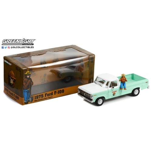 GL13636 - 1/18 1975 FORD F-100 FOREST SERVICE GREEN WITH SMOKEY BEAR FIGURE ONLY YOU CAN PREVENT WILDFIRES