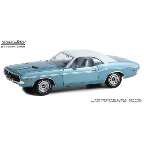 GL13644 - 1/18 1970 DODGE CHALLENGER WESTERN SPORT SPECIAL LIGHT BLUE POLY WITH VINYL ROOF AND WHITE INTERIOR