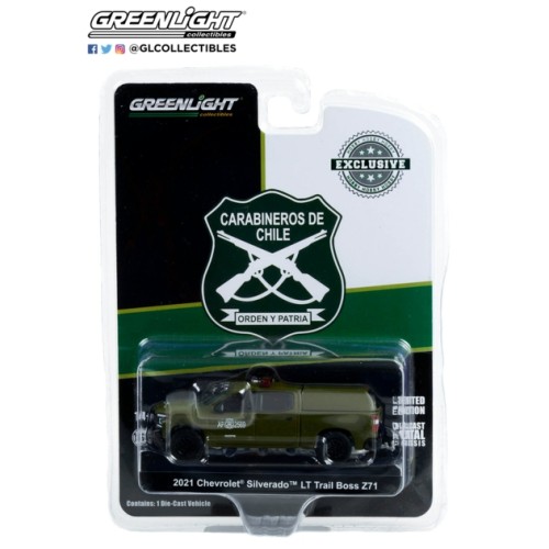 GL30318 - 1/64 2021 CHEVROLET SILVERADO LT TRAIL BOSS Z71 POLICE WITH CAMPER SHELL - CARABINEROS DE CHILE (GOPE) (HOBBY EXCLUSIVE)