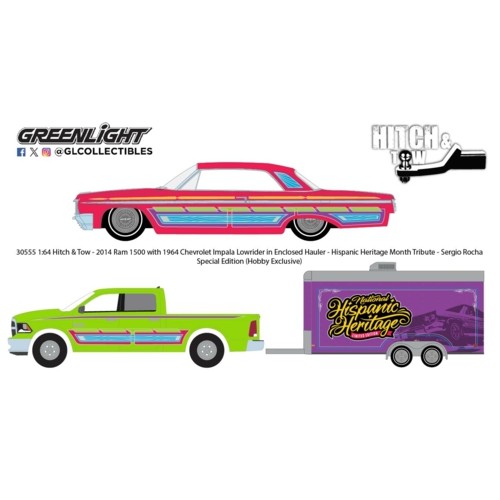 GL30555 - 1/64 HITCH AND TOW - 2014 RAM 1500 WITH 1964 CHEVROLET IMPALA LOWRIDER IN ENCLOSED HAULER - HISPANIC HERITAGE MONTH TRIBUTE - HOBBY EXCLUSIVE