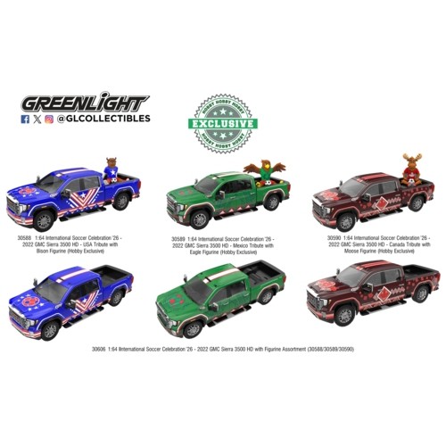 GL30606 - 1/64 INTERNATIONAL SOCCER CELEBRATION 26 - 2022 GMC SIERRA 2500 HD WITH FIGURINE ASSORTMENT (30588/30589/30590)