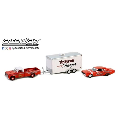 GL31170-A - 1/64 RACING HITCH AND TOW SERIES 5 -  1966 DODGE D-100 AND 1969 DODGE CHARGER SUPER CHARGER - MR NORM'S WITH ENCLOSED CAR HAULER