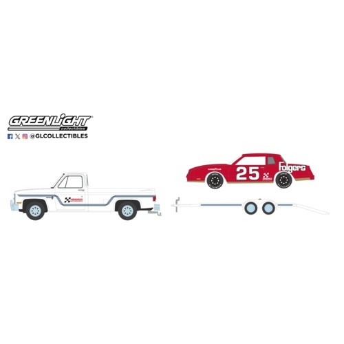 GL31170-B - 1/64 RACING HITCH AND TOW SERIES 5 - 1986 CHEVROLET C30 CUSTOM DELUXE AND 1986 CHEVROLET MONTE CARLO SS NO.25 FOLGERS COFFEE - HENDRICK MOTORSPORTS WITH FLATBED TRAILER