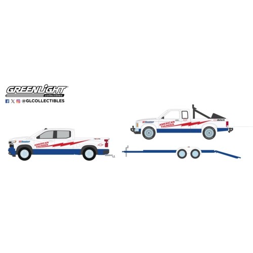 GL31170-C - 1/64 RACING HITCH & TOW SERIES 5 - 2023 CHEVROLET SILVERADO 1500 AND 1989 CHEVROLET S-10 BAJA-AMERICAN THUNDER WITH FLATBED TRAILER