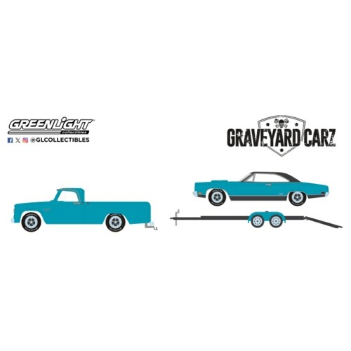 GL31180-A - 1/64 HOLLYWOOD HITCH AND TOW SERIES 13 - GRAVEYARD CARZ (2012-CURRENT TV SERIES) 1969 PLYMOUTH GTX WITH 1967 DODGE D-200 AND FLATBED TRAILER
