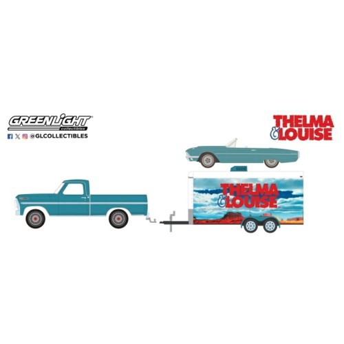 GL31180-B - 1/64 HOLLYWOOD HITCH AND TOW SERIES 13 - THELMA AND LOUISE (1991) - 1966 FORD THUNDERBIRD CONVERTIBLE - DUST COVERED (TOP-DOWN) WITH 1967 FORD F-250 AND ENCLOSED CAR  HAULER