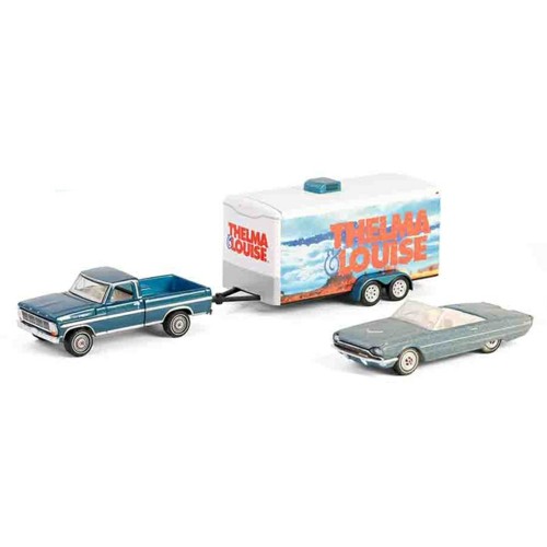 GL31180-B - 1/64 HOLLYWOOD HITCH AND TOW SERIES 13 - THELMA AND LOUISE (1991) - 1966 FORD THUNDERBIRD CONVERTIBLE - DUST COVERED (TOP-DOWN) WITH 1967 FORD F-250 AND ENCLOSED CAR  HAULER