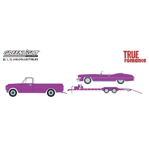 GL31180-C - 1/64 HOLLYWOOD HITCH AND TOW SERIES 13 - TRUE ROMANCE  (1993) CLARENCE AND ALABAMAS 1974 CADILLAC ELDORADO CONVERTIBLE (TOP DOWN) WITH 1972 CHEVROLET C30 AND HEAVY DUTY CAR HAULER
