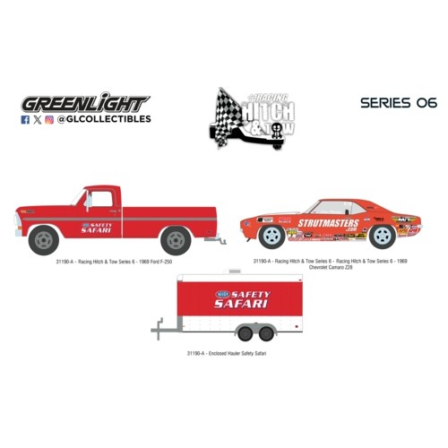 GL31190-A - 1/64 RACING HITCH AND TOW SERIES 6 - FORD F-250 1969 AND CHEVY Z/28 CAMARO 1969 - DAN FLETCHER WITH ENCLOSED HAULER SAFETY SAFARI