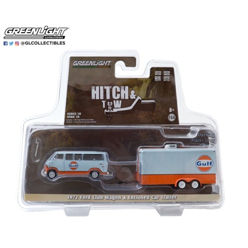 GL32200-B - 1/64 HITCH AND TOW SERIES 20 - 1972 FORD CLUB WAGON GULF OIL WITH ENCLOSED CAR HAULER SOLID PACK