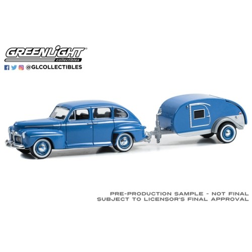 GL32300-A - 1/64 HITCH AND TOW SERIES 30 - 1942 FORD FORDOR SUPER DELUXE WITH TEAR DROP TRAILER - FLORENTINE BLUE SOLID PACK