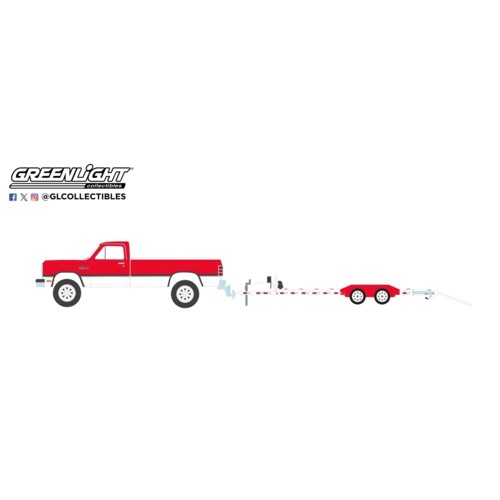 GL32310-D - 1/64 HITCH AND TOW SERIES 31 - 1991 DODGE RAM POWER RAM 250 - RED AND WHITE WITH HEAVY DUTY CAR HAULER