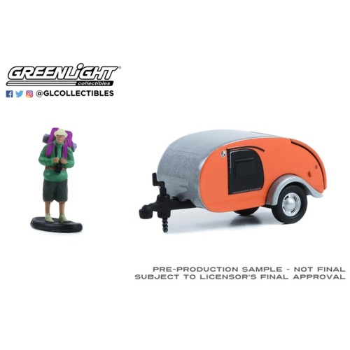 GL34130-F - 1/64 HITCHED HOMES SERIES 13 TEARDROP TRAILER WITH BACKPACKER FIGURE BRIGHT ORANGE AND SILVER