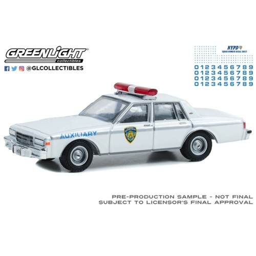 GL42774 - 1/64 HOT PURSUIT - 1989 CHEVROLET CAPRICE, NEW YORK CITY POLICE DEPARTMENT (NYPD) AUXILIARY WITH NYPD SQUAD NUMBER DECAL SHEET