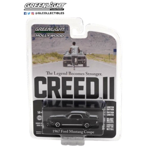 GL44950-F - 1/64 HOLLYWOOD SERIES 35 CREED II (2018) ADONIS CREEDS 1967 FORD MUSTANG COUPE - BLACK WITH WHITE STRIPES
