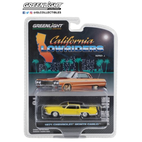 GL63040-C - 1/64 CALIFORNIA LOWRIDERS SERIES 3 1971 CHEVROLET MONTE CARLO SUNFLOWER YELLOW WITH BLACK ROOF