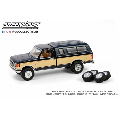 GL97160-E - 1/64 THE HOBBY SHOP SERIES 16 - 1991 FORD F-150 XLT LARIAT WITH CAMPER SHELL AND SPARE TIRES - DELYUXE TWO TONE DEEP SHADOW BLUE AND TAN