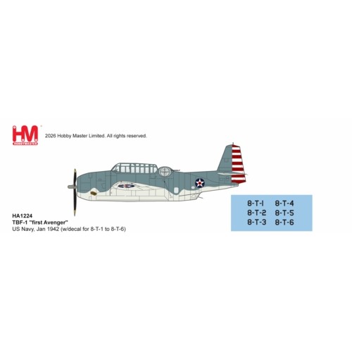 HA1224 - 1/72 TBF-1 - FIRST AVENGER - US NAVY, JAN 1942 - (W/DECAL FOR 8-T-1 TO 8-T-6)