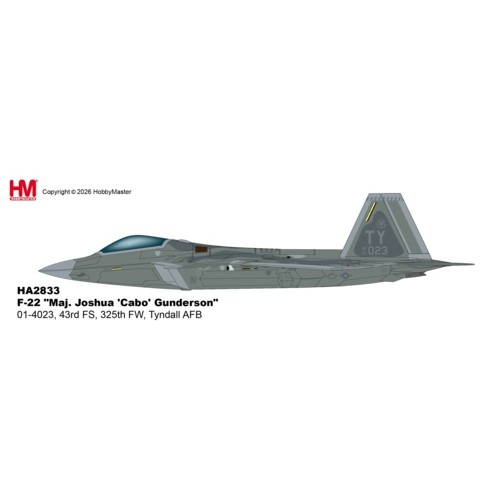 HA2833 - 1/72 F-22 MAJ. JOSHUA CABO GUNDERSON - 01-4023, 43RD FS, 325TH FW, TYNDALL AFB - (W/ PILOTS SIGNATURE CARD)