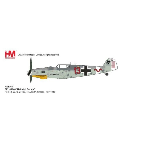 HA8756 - 1/48 BF 109G-6 HEINRICH BARTELS RED 13, W.NR. 27169, 11/JG 27, GREECE, NOV 1943