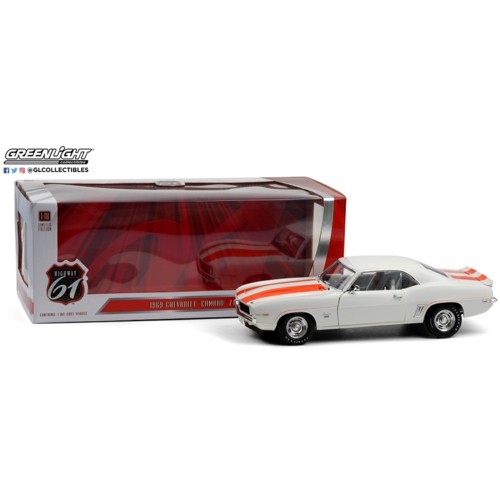 HWY-18026 - 1/18 HIGHWAY 61 - 1/18 1969 CHEVROLET CAMARO Z10 'PACE CAR COUPE' - WHITE WITH ORANGE STRIPES AND BLACK HOUNDSTOOTH INTERIOR