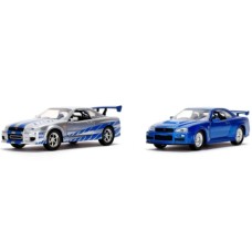 JAD31980 - 1/32 FAST AND FURIOUS TWIN PACK - BRIANS NISSAN SKYLINES - METALLIC BLUE AND METALLIC BLUE AND SILVER