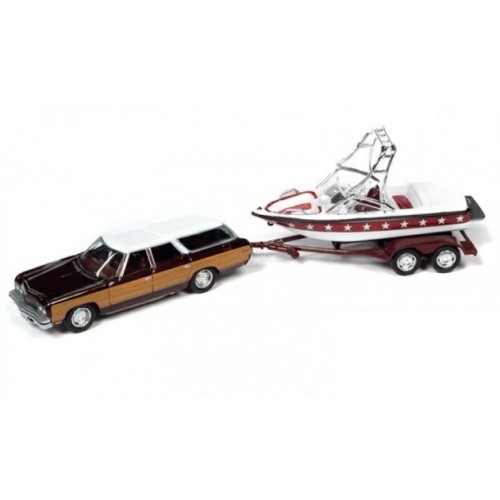 JLBT019-2 - 1/64 1973 CHEVY CAPRICE WAGON W/MASTERCRAFT BOAT AND TRAILER  DARK RED POLY WITH WHITE