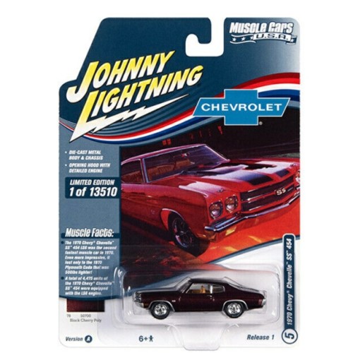 JLMC029A-5 - 1/64 JOHNNY LIGHTNING MUSCLE CARS - 2022 RELEASE 1 ASSORTMENT A - 1970 CHEVROLET SS 454 BLACK CHERRY W/WHITE HOOD AND TRUNK STRIPES