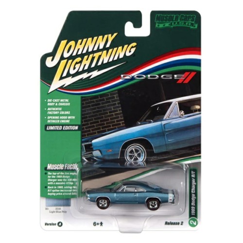 JLMC030A-2 - 1/64 JOHNNY LIGHTNING MUSCLE CARS - 2022 RELEASE 2 ASSORTMENT A - 1969 DODGE CHARGER R/T B3 BLUE POLY WITH WHITE R/T REAR STRIPE