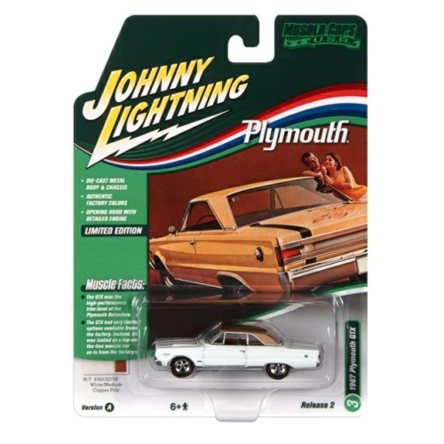 JLMC030A-3 - 1/64 JOHNNY LIGHTNING MUSCLE CARS - 2022 RELEASE 2 ASSORTMENT A - 1967 PLYMOUTH GTX GLOSS WHITE BODY COLOUR WITH MEDIUM COPPER ROOF