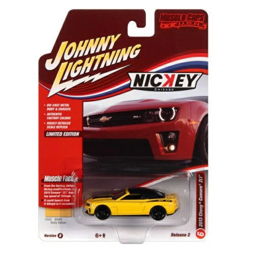 JLMC030B-6 - 1/64 JOHNNY LIGHTNING MUSCLE CARS - 2022 RELEASE 2 ASSORTMENT B - 2013 NICKEY CHEVROLET CAMARO ZL1 CONVERTIBLE RALLY YELLOW WITH GLOSS BLACK NICKEY SIDE STRIPES