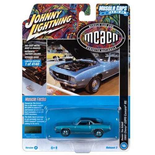 JLMC031A-6 - 1/64 JOHNNY LIGHTNING MUSCLE CARS - 2022 RELEASE 3 ASSORTMENT A 1969 CHEVROLET COPO RS CAMARO (MCACN) AZURE TURQUOISE W/FLAT BLACK ROOF