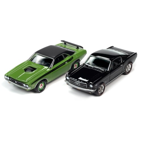 JLPK010-2 - 1/64 JOHNNY LIGHTNING 2-PACK SPECIAL - CLASS OF 1970 - 1971 DODGE CHALLENGER GO GREEN AND 1965 FORD MUSTANG FASTBACK RAVEN BLACK