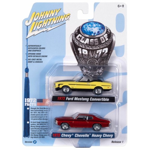 JLPK017A-3 - 1/64 JOHNNY LIGHTNING 2-PACK SPECIAL - 2022 RELEASE 1 VERSION A CLASS OF 1972 FORD MUSTANG CONVERTIBLE BRIGHT LIME AND 1972 CHEVROLET CHEVELLE SS ORANGE