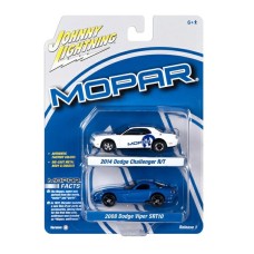 JLPK020A-2 - 1/64 2008 DODGE VIPER SRT 10 METALLIC BLUE WITH WHITE STRIPES AND 2014 DODGE CHALLENGER R/T WHITE AND MOPAR BLUE LOGO AND STRIPES