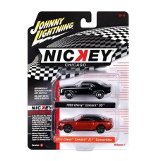 JLPK020A-3 - 1/64 1969 CHEVROLET CAMARO SS GLOSS BLACK WITH WHITE SIDE STRIPE AND 2013 CHEVROLET CAMARO ZL1 CONVERTIBLE INFERNO ORANGE WITH BLACK CONVERTIBLE TOP AND BLACK NICKEY SIDE STRIPES