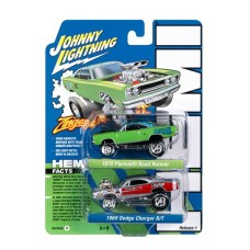 JLPK020B-1 - 1/64 1970 PLYMOUTH ROAD RUNNER BRIGHT GREEN WITH FLOWER MOD TOP AND BLACK HOOD STRIPE AND 1969 DODGE CHARGER R/T SILVER WITH RED AND BLUE STRIPES + DICK LANDY GRAPHICS