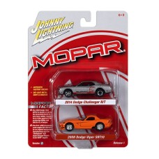 JLPK020B-2 - 1/64 2008 DODGE VIPER SRT 10  VERY VIPER ORANGE WITH SILVER STRIPES AND 2014 DODGE CHALLENGER R/T PLATINUM WITH RED HELLEPHANT AND MOPAR LOGO IN RED + RED STRIPES