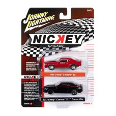 JLPK020B-3 - 1/64 1969 CHEVROLET CAMARO SS RED AND BLACK STIPES AND NICKEY LOGO AND 2013 CHEVROLET CAMARO ZL1 CONVERTIBLE GLOSS BLACK WITH FLAT BLACK CONVERTIBLE TOP AND RED NICKEY STRIPES