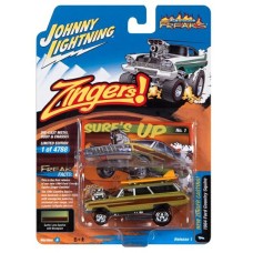 JLSF025A-1 - 1/64 JOHNNY LIGHTNING STREET FREAKS - RELEASE 1 2023 - ASSORTMENT A 1964 FORD COUNTRY SQUIRE (ZINGERS) METALLIC LIME WOOD PANELING WITH SURFBOARDS