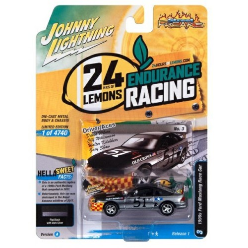 JLSF025A-3 - 1/64 JOHNNY LIGHTNING STREET FREAKS - RELEASE 1 2023 - ASSORTMENT A 1990S FORD MUSTANG RACE CAR (24HRS OF LEMANS) FLAT BLACK/DARK SILVER OLD CROWS GRAPHICS
