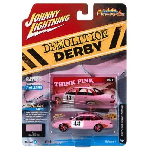 JLSF025A-4 - 1/64 JOHNNY LIGHTNING STREET FREAKS - RELEASE 1 2023 - ASSORTMENT A 1997 FORD CROWN VICTORIA (DEMOLITION DERBY) COTTON CANDY PINK W/DERBY GRAPHICS