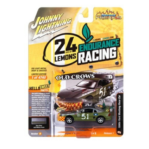 JLSF025B-3 - 1/64 JOHNNY LIGHTNING STREET FREAKS - RELEASE 1 2023 - ASSORTMENT B 1990S FORD MUSTANG RACE CAR (24HRS OF LEMANS) DARK SILVER/ARMY GREEN OLD CROWS GRAPHICS