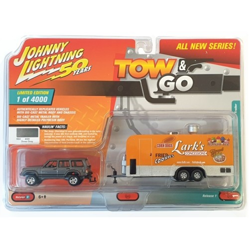 JLTG001B-1 - 1/64 TOW AND GO - JOHNNY LIGHTNING 50TH ANNIVERSARY  1998 JEEP CHEROKEE VEHICLE: DOVER GREY METALLIC FOOD TRUCKS