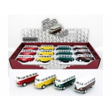 KT2542D-12 - 1/64 1962 VOLKSWAGEN CLASSIC BUS IN A TRAY WITH 12PCS. 3 EACH OF THE FOLLOWING COLOURS RED DARK BROWN GREEN AND YELLOW