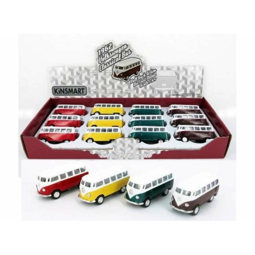 KT2542D-12 - 1/64 1962 VOLKSWAGEN CLASSIC BUS IN A TRAY WITH 12PCS. 3 EACH OF THE FOLLOWING COLOURS RED DARK BROWN GREEN AND YELLOW