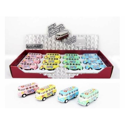 KT2546DF-12 - 1/64 1962 VOLKSWAGEN SAMBA BUS FLOWER POWER IN A TRAY WITH 12PCS