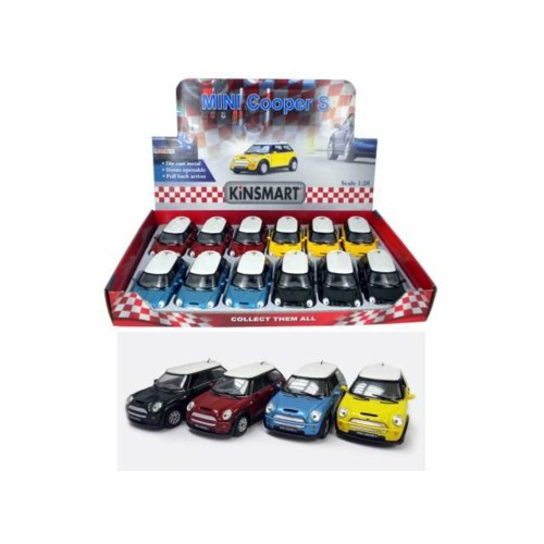 KT5059D-12 - 1/28 MINI COOPER S IN A TRAY WITH 12PCS. 3 EACH OF THE FOLLOWING COLOURS RED BLUE YELLOW AND GREEN